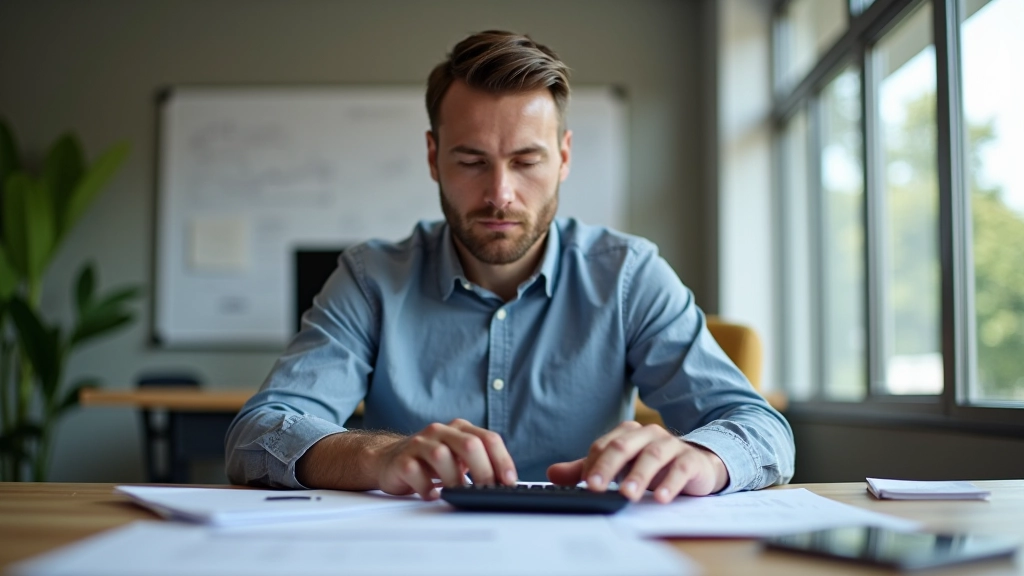 Contractor at desk reviewing quarterly tax calculation spreadsheet with calculator