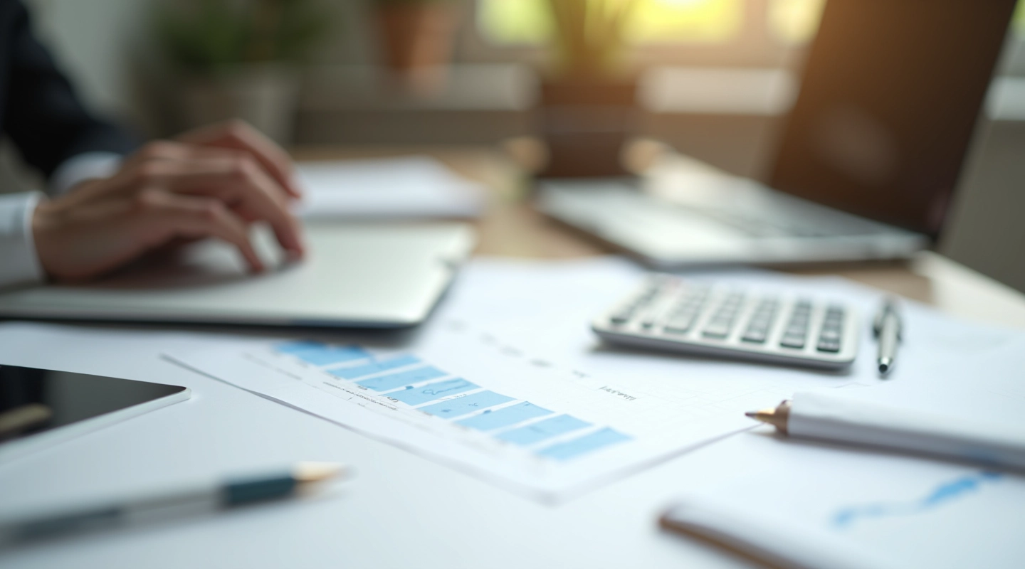 Professional workspace with financial documents and calculator on wooden desk