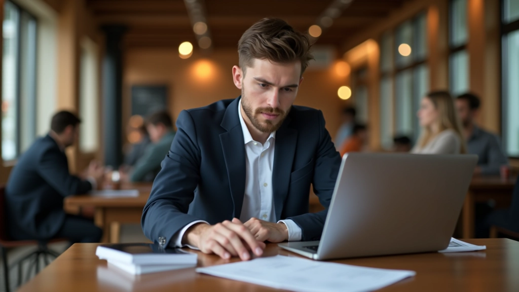 Freelancer reviewing bank statements on laptop, coffee shop setting with organized financial documents