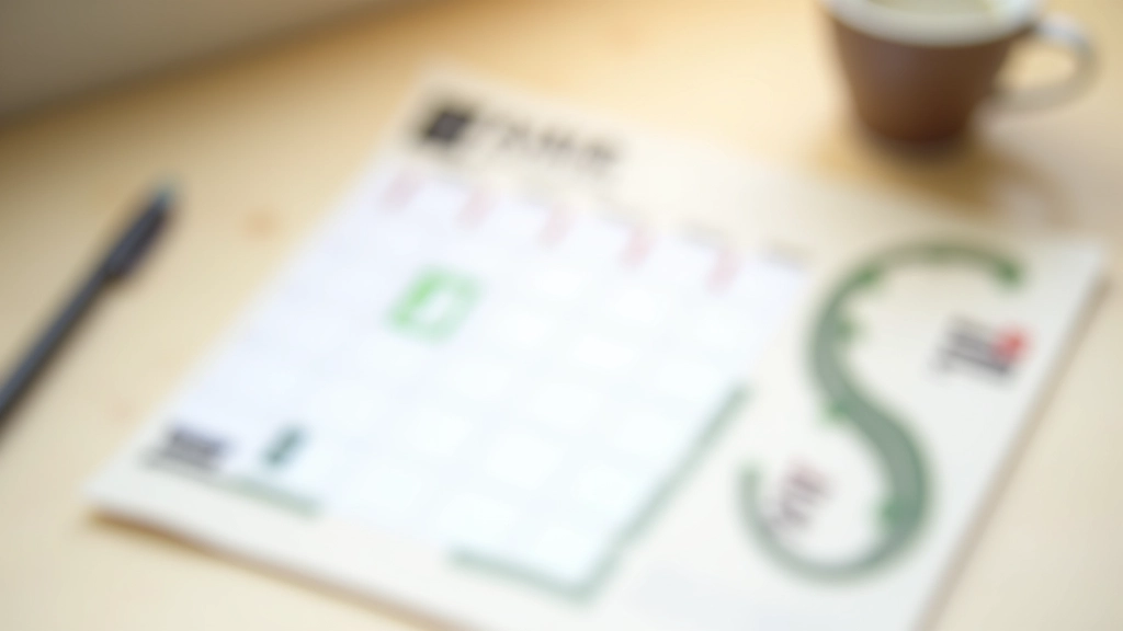 Monthly calendar marked with review date circled in green, sitting next to a cup of coffee and pen