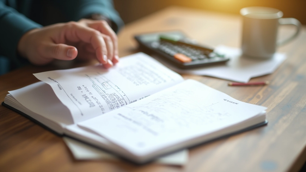 Notebook with handwritten budget numbers and calculator showing monthly income and expenses calculation