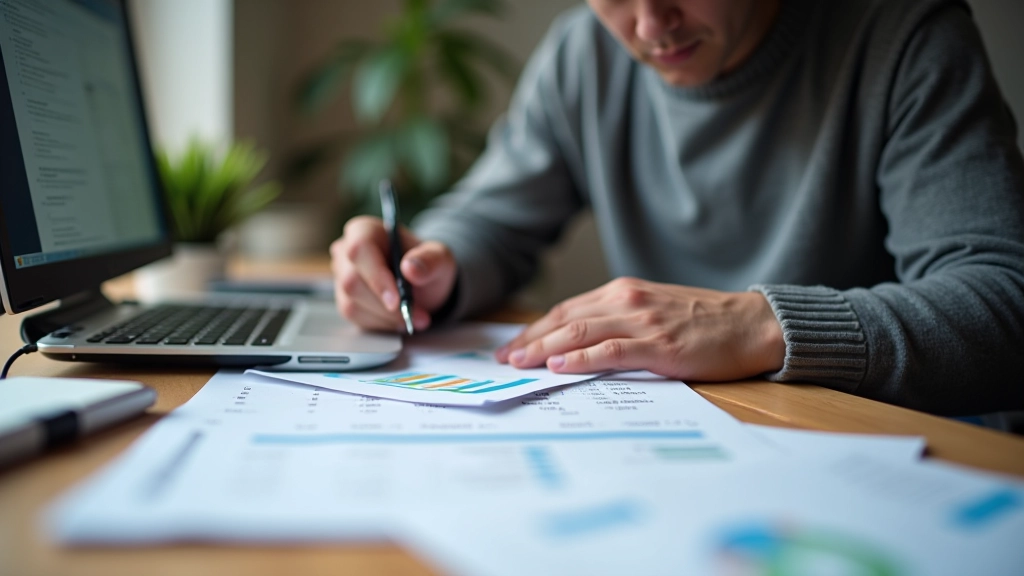 Person at desk comparing two columns of numbers showing projected vs actual monthly spending in a spreadsheet