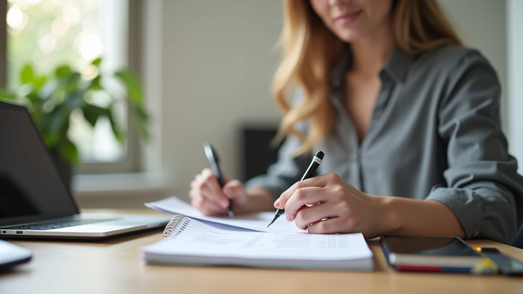 Person writing in notebook with laptop nearby, tracking monthly budget and financial goals in home office setting